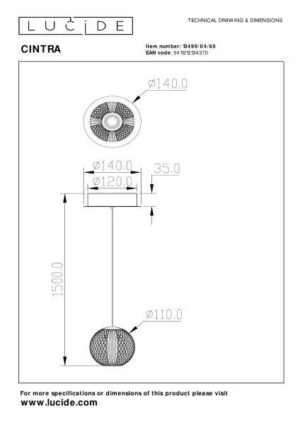 Lucide CINTRA - Hanglamp - Ø 14 cm - LED - 1x5,7W 2700K - Transparant - technisch